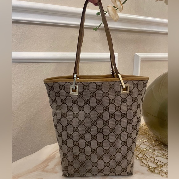 Gucci Handbags - Gucci small tote canvas and mustard leather gold hardware